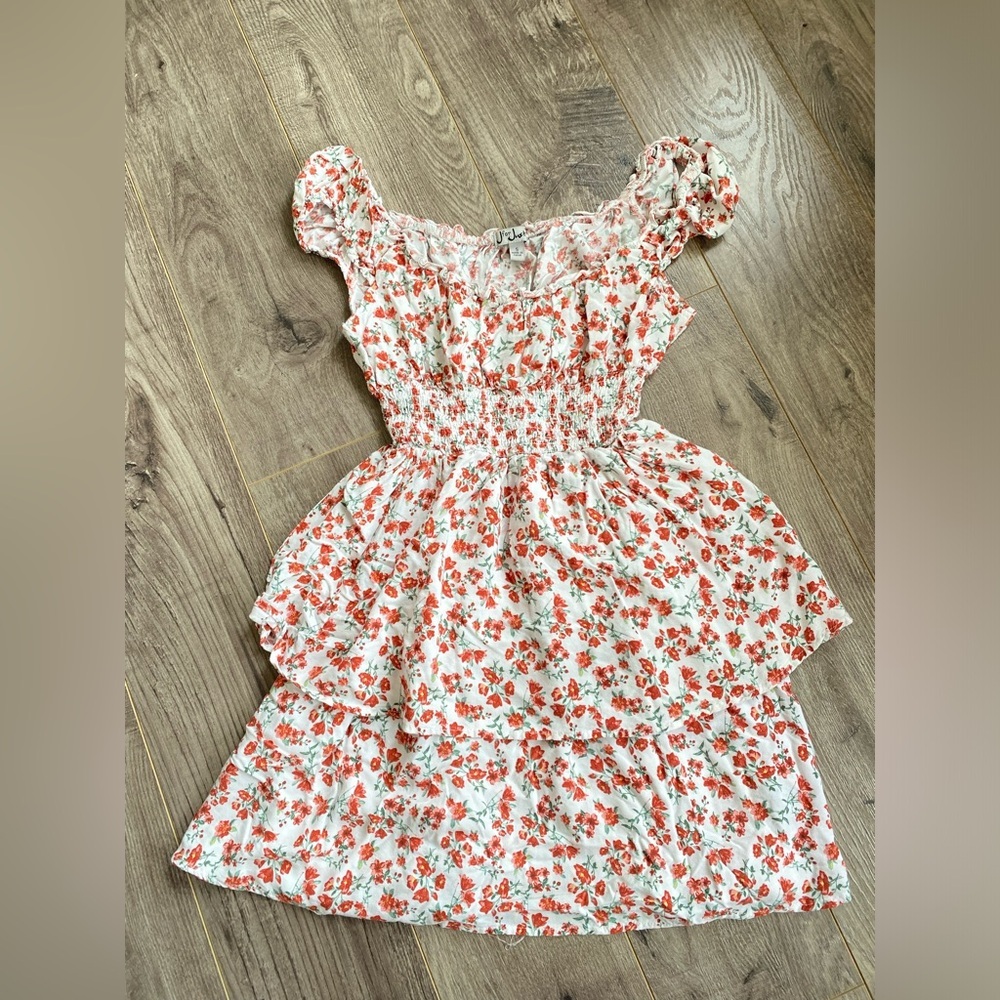 3/$30 off shoulder ditsy smocked white with red floral capped sleeve mini dress